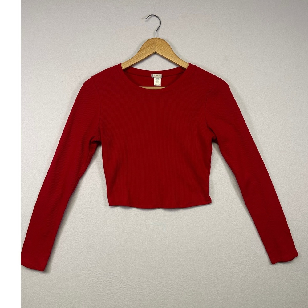 Minimalist Bozzolo Womens Size Medium Red Ribbed Long Sleeve Crew‎ Neck Crop Top